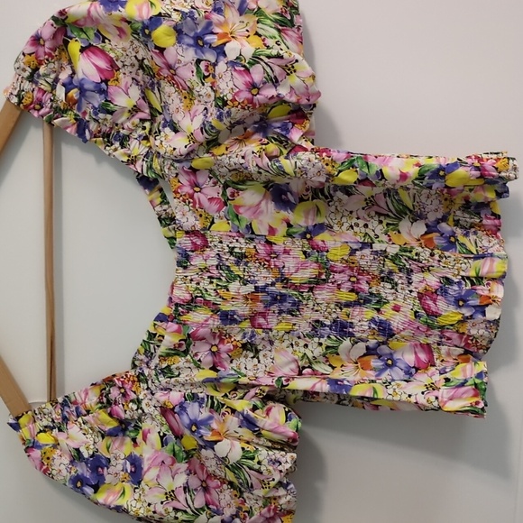 Zara Floral Puff Sleeve Multicolor Sweetheart Neckline Pearl Buttons FeminineTop - Picture 6 of 7